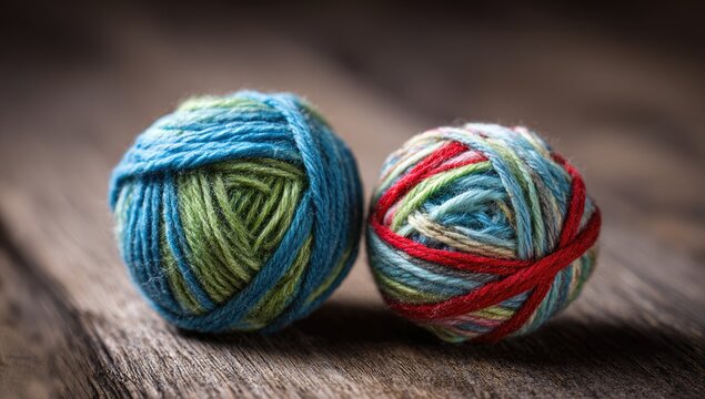 Close-up of two colorful balls of yarn, resting on a textured wooden surface
