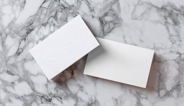 Two blank rectangular cards lie atop a marble surface. The top view captures their pristine surfaces