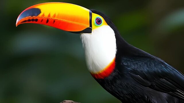Toco toucan perched on a tree branch in a lush tropical rainforest jungle