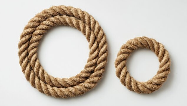 Two coiled ropes, one large and one small, lie on a plain white surface