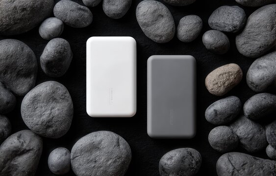 Overhead shot featuring two rectangular devices beside dark grey river rocks on a black surface