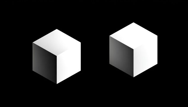 Two isometric white cubes with gradient shading on a stark black background
