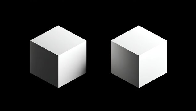 Two isometric white cubes, each with a subtle gradient effect, positioned on a black backdrop