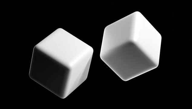 Two white, geometric cubes with rounded edges float against a stark black background