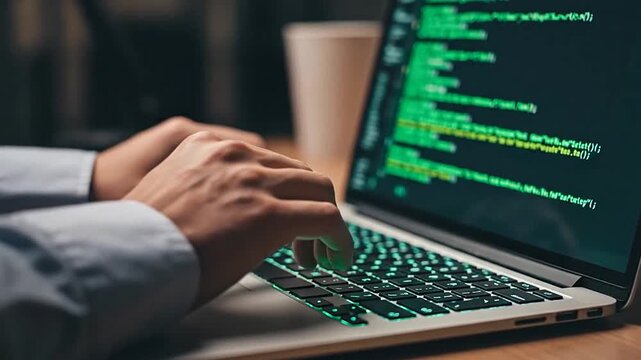 Person's hands typing rapidly on a laptop keyboard with bright green programming code displayed on the screen, representing focused software development.