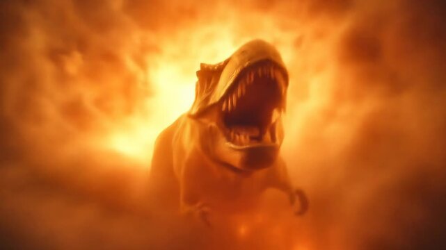 Epic T-Rex dinosaur roaring amidst intense orange fire and thick smoke representing extinction