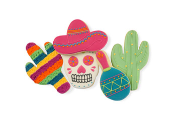 Fototapeta premium Colorful skull, cactus, and maraca cookies, isolated, PNG