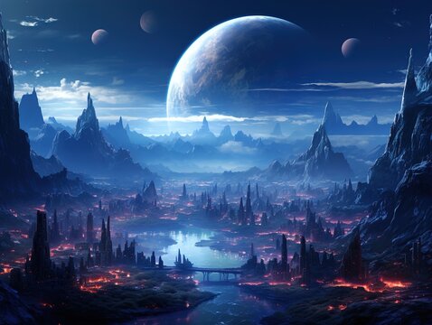 Mystical Alien Planet with Floating Cities and Moons