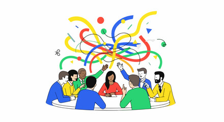 Vibrant brainstorming session with diverse colleagues collaborating around a table. Ideas emerge during lively brainstorming session, colorful lines represent innovative thought.