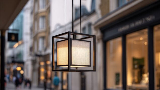 Modern black square light fixture hangs from ceiling in a blurred urban street scene