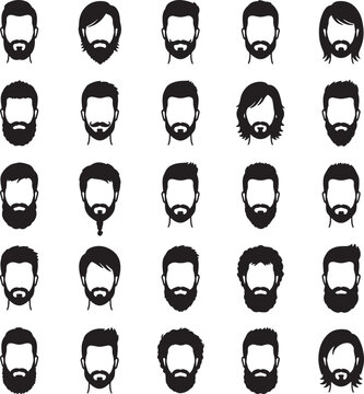 Black and white silhouettes of men with various hairstyles and beards also transparent background male