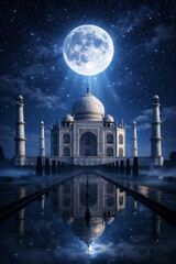 Fototapeta premium Taj Mahal Under Full Moon in Starry Night Sky Ultra Detailed Cinematic Fantasy Landscape with Reflection and Mist