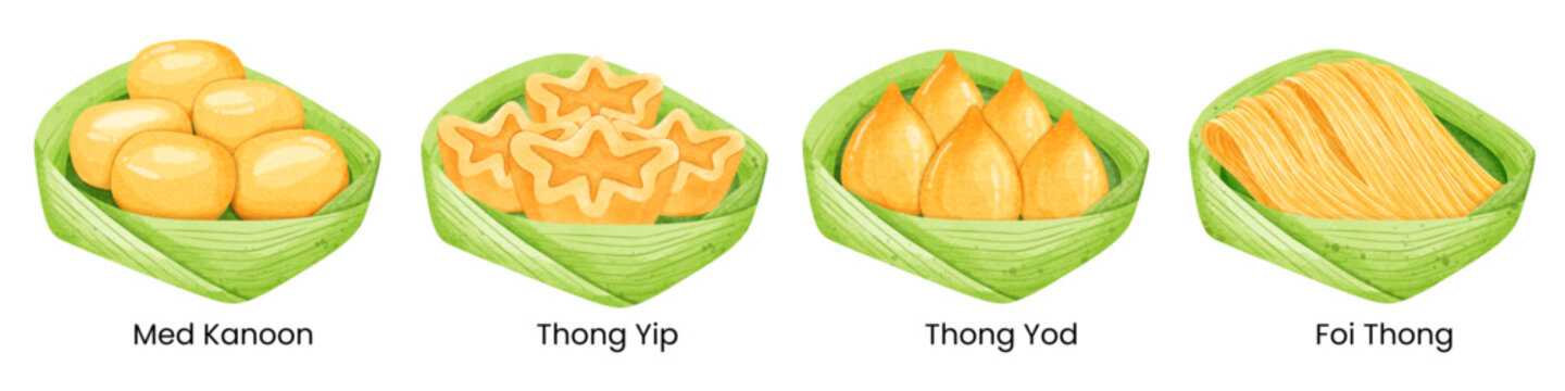 Assorted Thai Traditional Desserts &ndash; Foi Thong, Thong Yip, Thong Yod and Med Kanoon, Golden Auspicious Thai Sweets on Banana Leaf