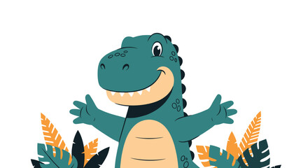 Obraz premium Friendly green dinosaur character with a big smile opens its arms wide in a welcoming hug gesture surrounded by colorful tropical leaf patterns.