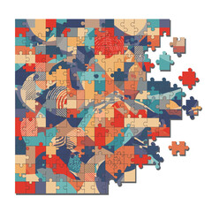Fototapeta premium Colorful abstract puzzle pieces scattered on a surface, showcasing vibrant designs