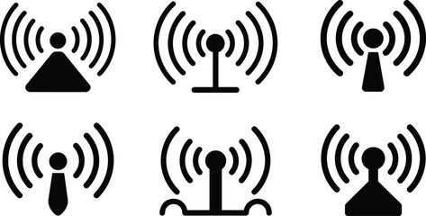 Collection of black wireless signal and radio tower icons isolated on white background, networking technology and communication vector illustration set.