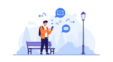 Naklejka premium Man using smartphone in park, digital communication, finance and work icons