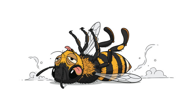 Poor honey bee lies dead on its back with its tongue sticking out and legs curled in the dusty ground or path.
