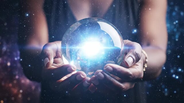 Fortune teller holding crystal ball showing galaxy and universe