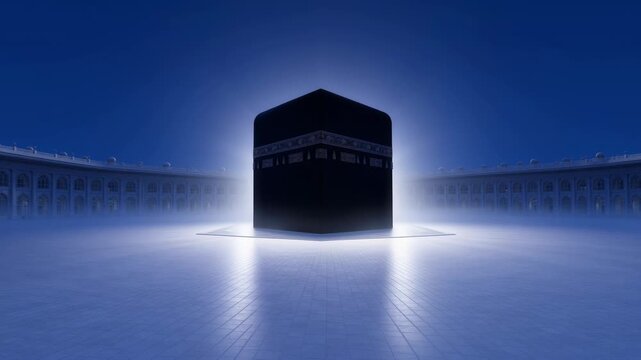 Illuminated Black Cube of the Kaaba with Radiant Light and Architectural Background in a Night Scene  Symbolic of Islamic Faith and Pilgrimage