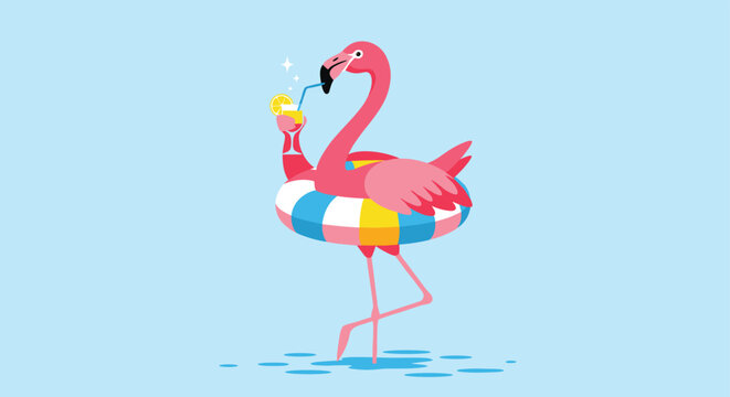 Pink flamingo wearing a colorful inner tube stands in water and sips a yellow tropical cocktail with a straw on a blue background.