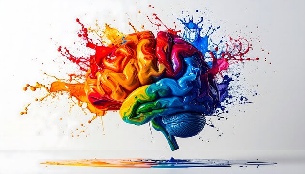 Vibrant 3D brain with colorful rainbow paint splashes on a white background. Creative concept for imagination, mental health, psychology, and artistic intelligence.