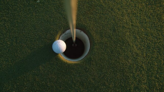 top down view of a golf ball inches away from going into the white golf course hole with the flag sticking out.