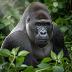 Naklejka premium Mature Silverback Kongo Gorilla Sitting in Dense Green Jungle