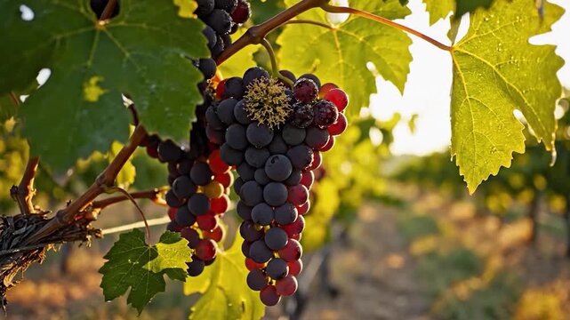 Ripe red grapes hanging on a vine in a sunny vineyard at sunset