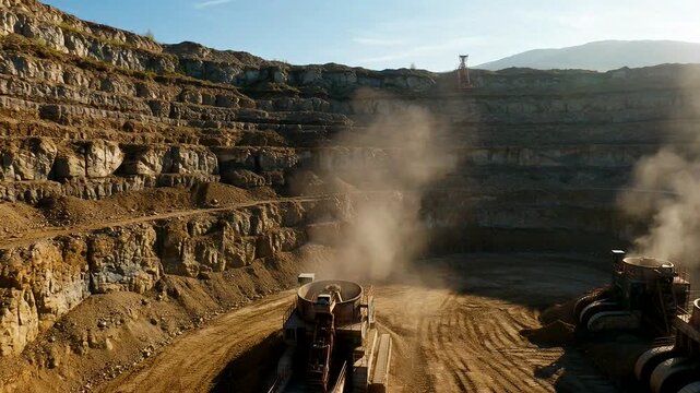 Dusty machinery operates in a quarry, showcasing the scale of industrial excavation and mining techniques.