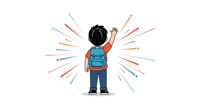 Young boy from back view wearing a blue backpack and waving his hand towards colorful abstract lines on white.
