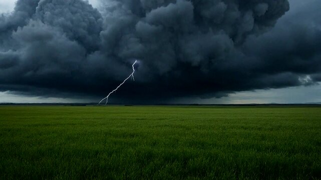 Grass field under a dramatic stormy sky with dark clouds and lightning strikes in the distance.