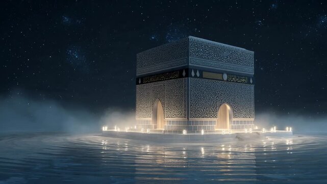 Illuminated Kaaba at Night Under a Starry Sky with Reflection in Water  Symbolic of Islamic Faith and Spirituality during Ramadan and Hajj Seasons