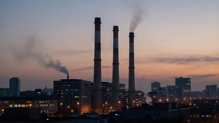 Industry, factory and power plant during sunset with industrial complex emitting smoke plumes against a twilight sky, showcasing energy production and environmental impact. Sustainability, pollution