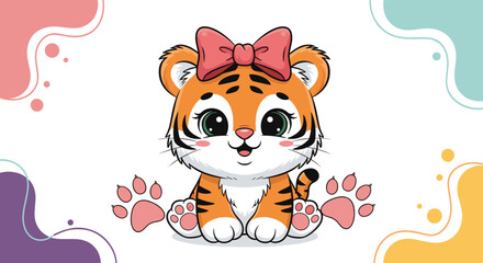 Naklejka premium Adorable baby tiger cub with a large pink bow on its head sits calmly amidst colorful and bright abstract floral shapes.