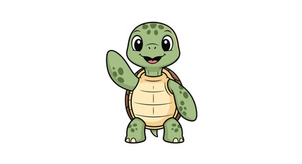 Obraz premium Friendly green turtle with a brown shell waves its hand and smiles while standing on its hind legs in a simple pose.
