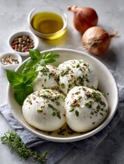 Creamy mozzarella balls with herbs and spices in ceramic bowl