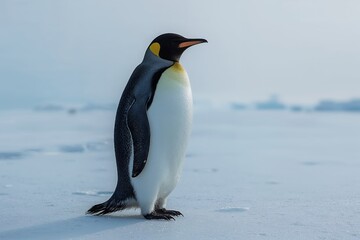 Obraz premium A lone emperor penguin stands on the ice in the Arctic. The scene shows the cold environment typical of winter. The penguin remains still on the icy surface, observing its surroundings.