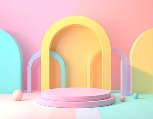 3D render of a pastel-colored stage with arched openings and a cylindrical pedestal