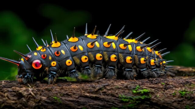 Exotic spiky caterpillar with black and orange patterns crawling on a mossy wood branch