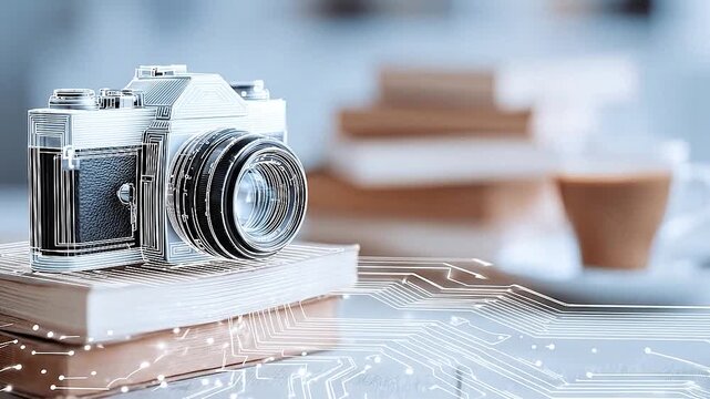 Vintage camera outline on books with digital circuit overlay