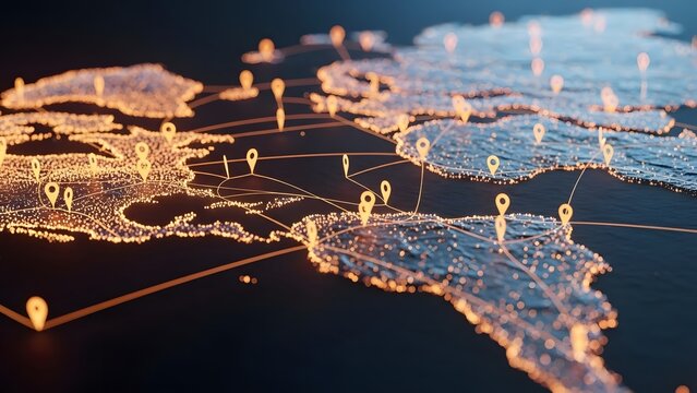 Global logistics network and distribution tracking map. Supply chain management and shipping routes. Glowing location pins connected by lines across a stylized world map