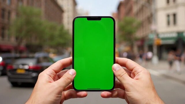 Handheld smartphone showcasing a green screen against an urban background with traffic and pedestrians nearby.