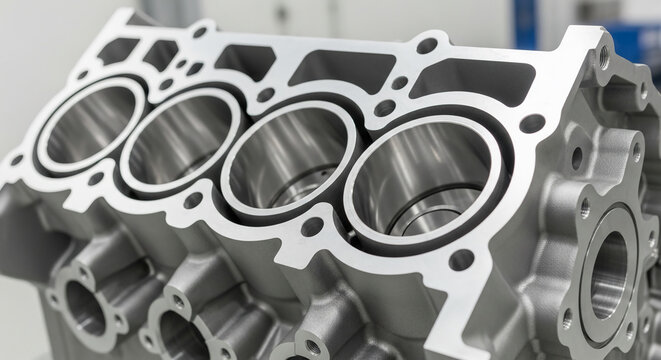 Engine block with four cylinders and intricate metal details in a silver finish showcasing precision engineering and mechanical components
