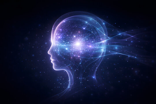 Abstract glowing head profile with constellations and galaxies representing the universe of the human mind and consciousness
