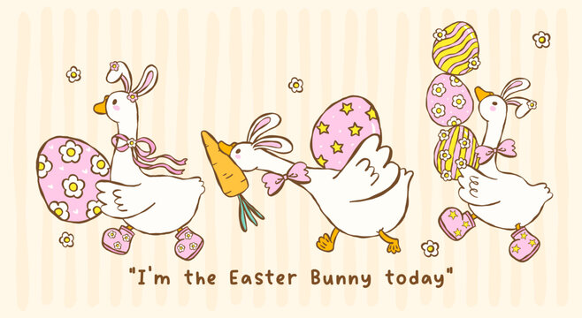 Cute pastel silly easter goose bunny ear running with eggs cartoon cottage spring hand drawn set