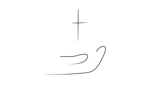 Religion, hand, cross, Christianity. Contour drawing, silhouett animation. Continuous line. Isolated on white. Video 4k object illustration self-drawing. Object construction. Minimalist continuous lin