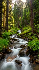 Obraz premium A serene forest stream with gentle water flow