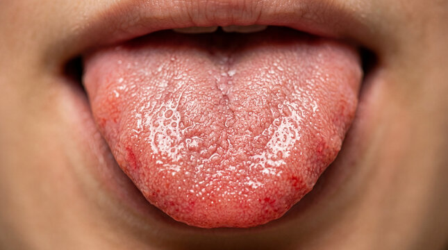 Detailed macro shot of a human tongue surface, highlighting its intricate papillae and texture. Ideal for medical or health topics