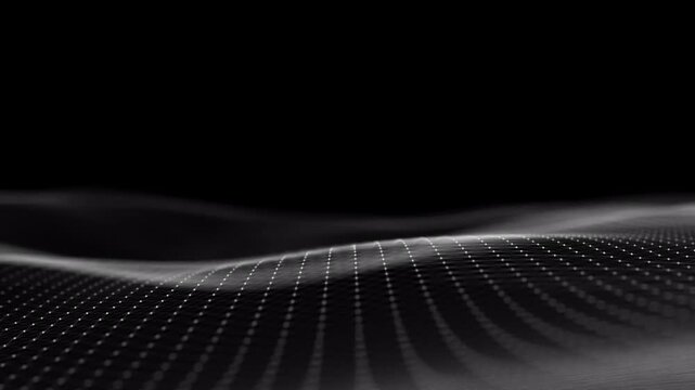 White moving particles on a black background Futuristic digital wave Dark cyberspace Abstract wave with dots and line